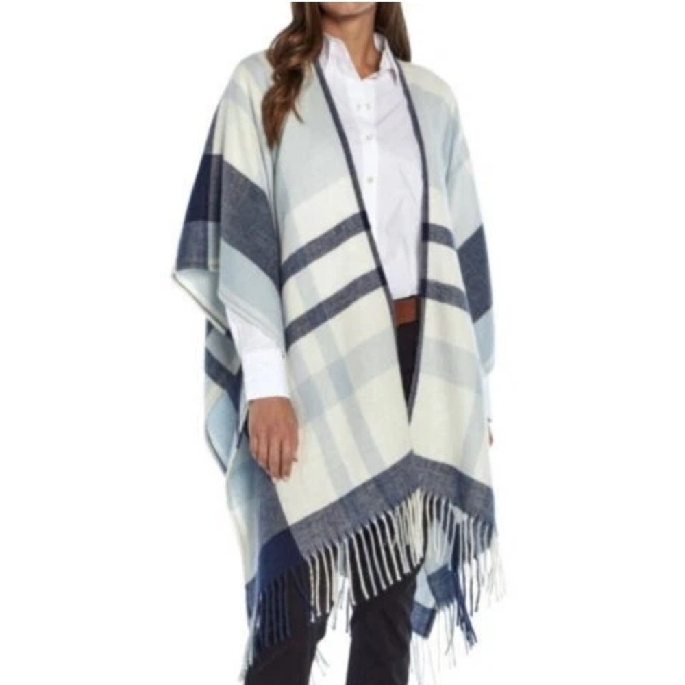 Banana Republic Cashmere Blend Blue Plaid Wrap Sz OS Fringe Shawl
